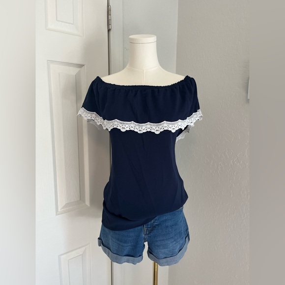 Navy Blue Off-Shoulder Top with Lace Trim - Picture 1 of 3